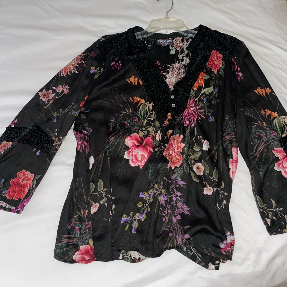 Johnny Was black floral blouse! Like new